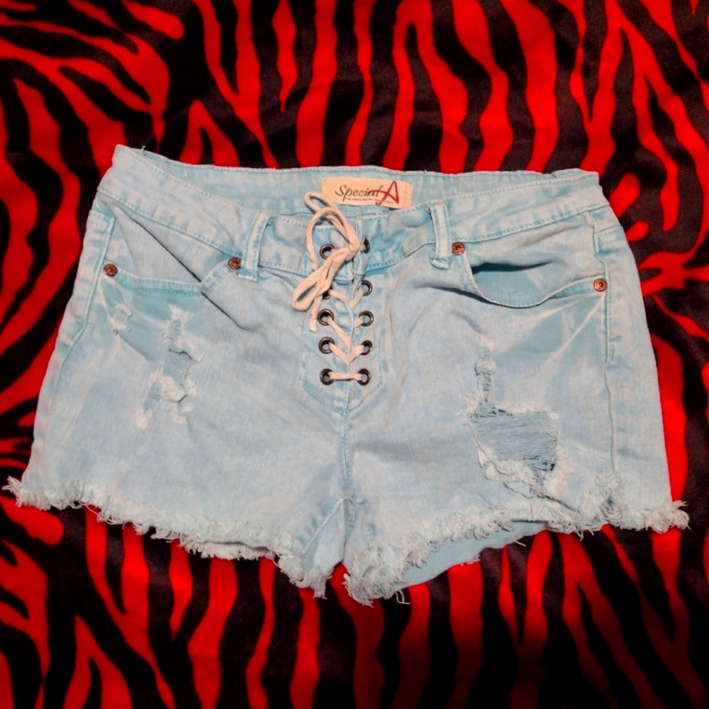 Lace-up turquoise jean shorts